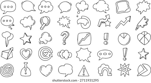 Eine Reihe von handgezeichneten Symbole und Symbole, darunter Sprechblasen, Pfeile, Sterne, Fragezeichen und andere gängige grafische Elemente, alle im Skizzenstil.