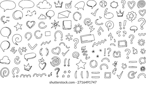 A diverse set of hand drawn doodle icons including speech bubbles, hearts, stars, crowns, question marks, and checkmarks.