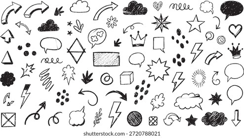Um conjunto diversificado de elementos de rabiscar desenhados à mão, incluindo várias setas, estrelas, raios, bolhas de fala e outras formas abstratas, perfeito para projetos de design criativo.