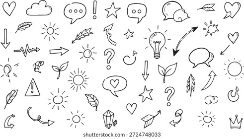 Eine Reihe von handgezeichneten Doodle-Elementen, darunter verschiedene Pfeile, Sterne, Herzen, Sonnen, Wolken, Sprechblasen, Fragezeichen und Blätter, alles in einem skizzenhaften Stil.