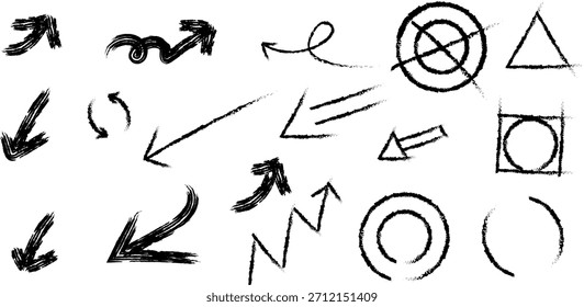 A diverse set of hand drawn grunge arrows and basic geometric shapes. Textured graphic elements for design, navigation, direction, and emphasis in various projects.