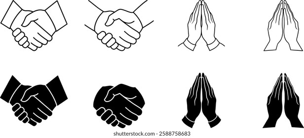 A diverse set of hand gesture icons, including handshake and praying hands, ideal for business, teamwork, spirituality, and support illustrations.

