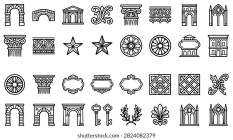 A diverse set of hand-drawn architectural elements including arches columns and decorative ornaments