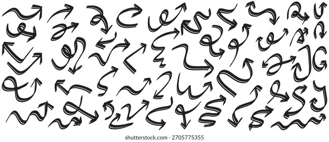 A diverse set of hand-drawn arrows, showcasing various shapes and directions, perfect for adding a creative touch to any design project.