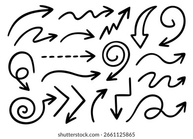 um conjunto diversificado de setas desenhadas à mão em vários estilos e direções. Inclui designs de seta ondulada, ziguezague, espiral, tracejada e curva