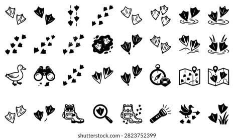 A diverse set of hand-drawn black and white icons representing duck footprints, a duck, binoculars, a compass, a map, boots, a magnifying glass, and a flashlight.