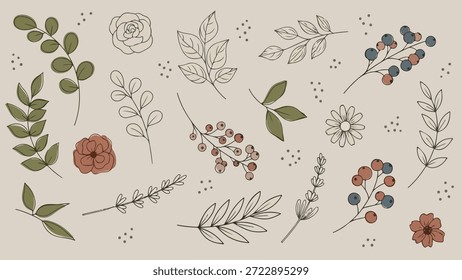 A diverse set of hand-drawn botanical elements, including various leaves, branches, flowers, and berries, presented in a mix of outline and colored styles, perfect for decorative designs.