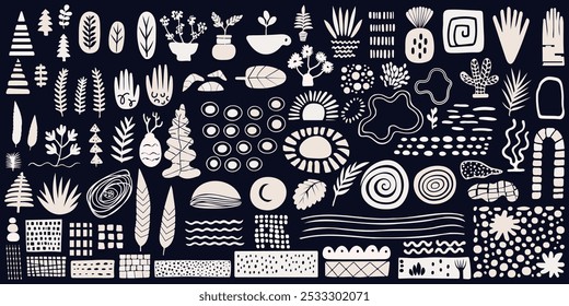 Diversos conjuntos desenhados à mão desenhos botânicos e geométricos de plantas e formas abstratas em um fundo escuro, ilustração de vetor de elementos de design caótico.