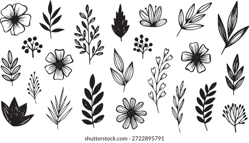 Un conjunto diverso de ilustraciones botánicas dibujadas a mano con hojas, ramas y flores en un estilo de boceto.