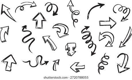 Un conjunto diverso de flechas de doodle dibujadas a mano, que muestran diferentes estilos, curvas y direcciones, ideales para agregar un toque lúdico o ilustrativo a los diseños.