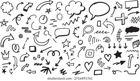 Eine vielfältige Reihe von handgezeichneten Doodle-Elemente einschließlich verschiedener Pfeile Sterne Sprechblasen Herzen und abstrakte Formen auf weißem Hintergrund