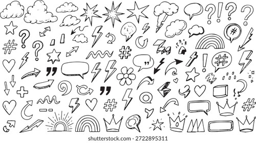 Eine Reihe von handgezeichneten Doodle-Elementen, darunter Wolken, Sterne, Fragezeichen, Blitze, Sprechblasen, Herzen, Regenbögen und Kronen.