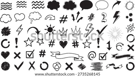 A diverse set of hand-drawn doodle icons including clouds, speech bubbles, arrows, lightning bolts, stars, hearts, checkmarks, and ribbons.