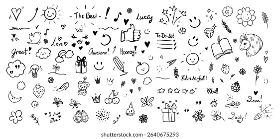 Diverse set of handdrawn doodles in black and white. Features hearts, stars, smiley faces, and fun elements. Ideal for creative, playful designs and decorations.