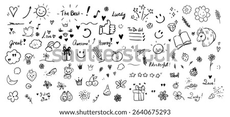 Diverse set of handdrawn doodles in black and white. Features hearts, stars, smiley faces, and fun elements. Ideal for creative, playful designs and decorations.