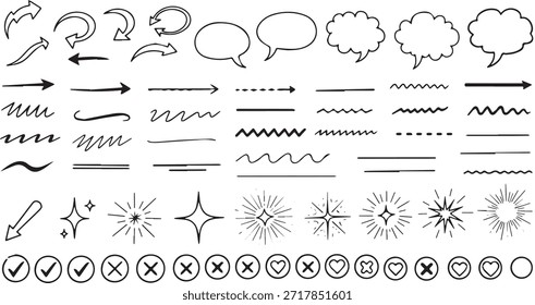 A diverse set of hand-drawn graphic elements including arrows, speech bubbles, lines, and symbols like stars and checkmarks.