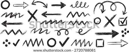 A diverse set of hand-drawn graphic elements including arrows, checkmarks, circles, and X marks, presented in a scattered arrangement.