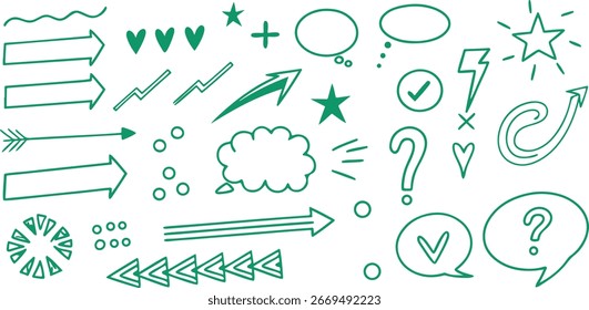 A diverse set of hand-drawn graphical elements including directional arrows speech bubbles with question marks and checkmark stars and other abstract decorative shapes for various design applications
