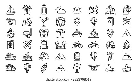A diverse set of hand-drawn icons depicting various travel and leisure activities, perfect for illustrating vacation themes.
