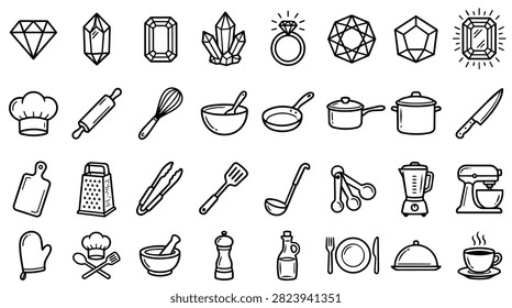 A diverse set of hand-drawn icons featuring kitchen tools, cooking implements, and various gemstones and jewelry.