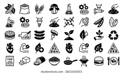 A diverse set of hand-drawn icons illustrating concepts in food science, agriculture, and healthy eating.