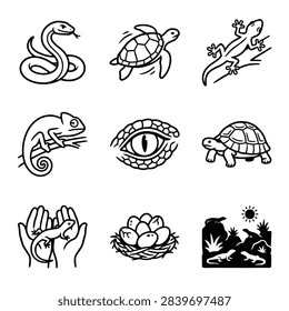 A diverse set of hand-drawn icons and illustrations featuring various reptiles and amphibians, including snakes, turtles, lizards, and chameleons.