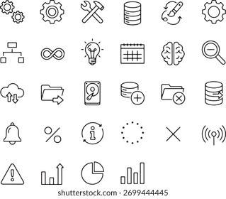 Um conjunto diversificado de ícones desenhados à mão representando vários conceitos em tecnologia, negócios e gerenciamento de dados, todos apresentados claramente em um fundo branco limpo para facilitar a integração.