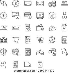 A diverse set of hand-drawn icons representing financial concepts, including currency symbols, credit cards, banking, and investment tools, all presented cleanly on a white background for easy integra