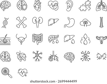A diverse set of hand-drawn icons representing various human organs and biological elements, perfect for medical and scientific presentations. Isolated on white.