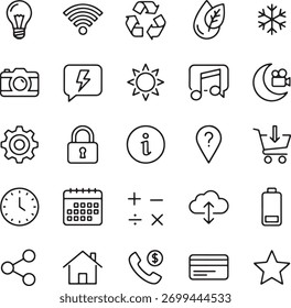 Un conjunto diverso de iconos dibujados a mano que representan varios conceptos como tecnología, naturaleza, comunicación y negocios, perfecto para proyectos de diseño de Web y App móviles. Aislado en blanco.