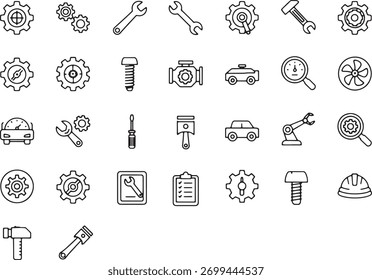 Un conjunto diverso de iconos dibujados a mano que representan varios Elementos de ingeniería, mecánicos y automotrices, perfectos para ilustraciones técnicas y proyectos de diseño.
