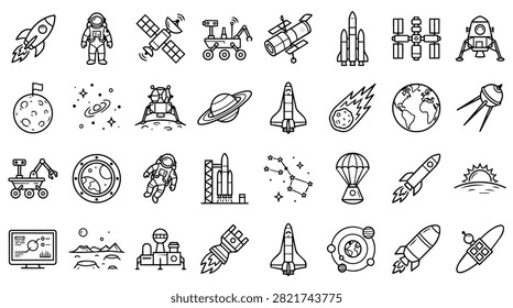 A diverse set of hand-drawn icons representing space exploration, including rockets, astronauts, planets, and satellites.