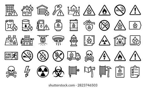 A diverse set of hand-drawn icons representing various safety warnings, hazards, and emergency situations.