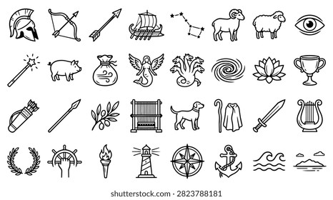 A diverse set of hand-drawn icons representing elements from ancient Greek mythology and culture.