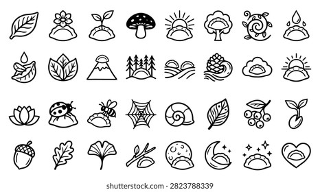 A diverse set of hand-drawn icons representing various elements of nature and organic concepts.