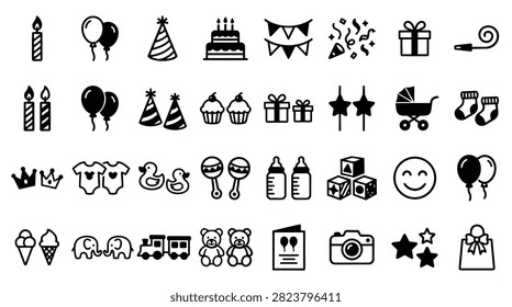 A diverse set of hand-drawn icons representing baby shower and birthday party elements, including gifts, cakes, and toys.