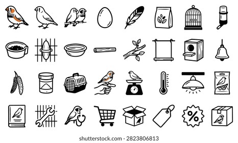 A diverse set of hand-drawn icons representing various aspects of bird keeping and avian life.