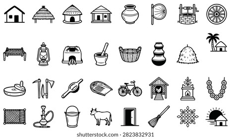 A diverse set of hand-drawn icons representing objects and structures found in a typical Indian village setting.