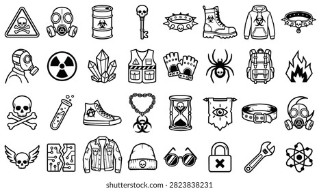 A diverse set of hand-drawn icons representing alternative culture, punk, and gothic aesthetics.