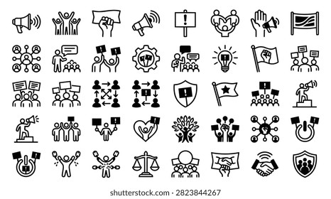 A diverse set of hand-drawn icons representing protest activism and social justice themes