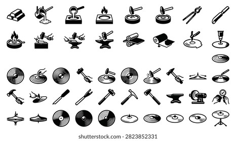 A diverse set of hand-drawn icons representing various metalworking and blacksmithing tools and actions, including hammers, anvils, and metal bars.