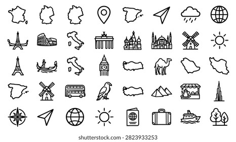 A diverse set of hand-drawn icons representing travel destinations, landmarks, and transportation.