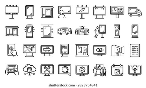 A diverse set of hand-drawn icons representing various forms of advertising and information displays, including billboards, digital screens, and public transport advertisements.