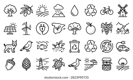 A diverse set of hand-drawn icons representing nature, environment, and sustainability concepts.