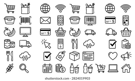 A diverse set of hand-drawn icons representing online shopping and e-commerce elements.