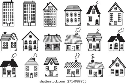 Un conjunto diverso de ilustraciones dibujadas a mano que presentan varios tipos de edificios residenciales, desde casas unifamiliares con chimeneas hasta edificios de apartamentos de varios pisos, todos representados en un estilo encantador y sencillo.