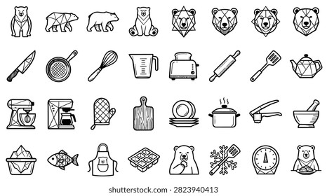A diverse set of hand-drawn illustrations featuring various kitchen tools and stylized bear faces and figures.
