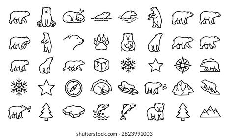 A diverse set of hand-drawn line art icons featuring polar bears in various poses and arctic elements like snowflakes and ice.