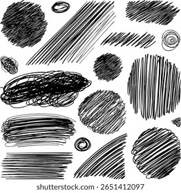 Un ensemble varié de textures grunge Image vectorielle dessinées à la main. Inclut des cercles griffonnés, des hachures, des bannières et des lignes d'esquisse. Trousses d'outils créatifs et projets de design moderne.