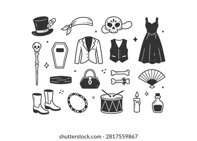A diverse set of hand-drawn Voodoo and New Orleans cultural icons, featuring skulls, a top hat, dress, coffin, bones, and musical instruments